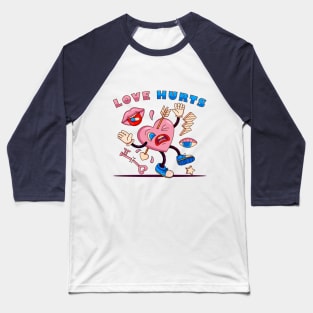 Love hurt, heart hit by an arrow with key elements, lightning, eyes and mouth in retro cartoon style Baseball T-Shirt